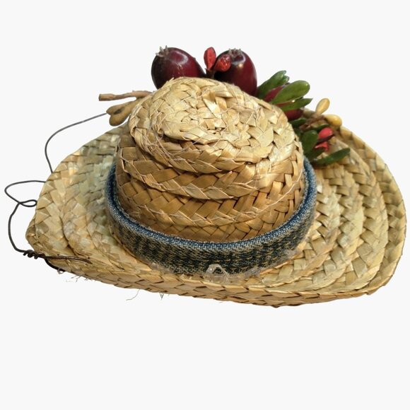 Straw Hat Christmas Ornament Vintage Fruit Mexican Hispanic Rustic Denim Band - Picture 3 of 8